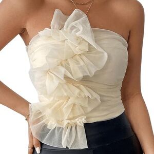 Sheer Mesh Strapless Ruffle Top | Size L | Cream/Ivory | NWOT